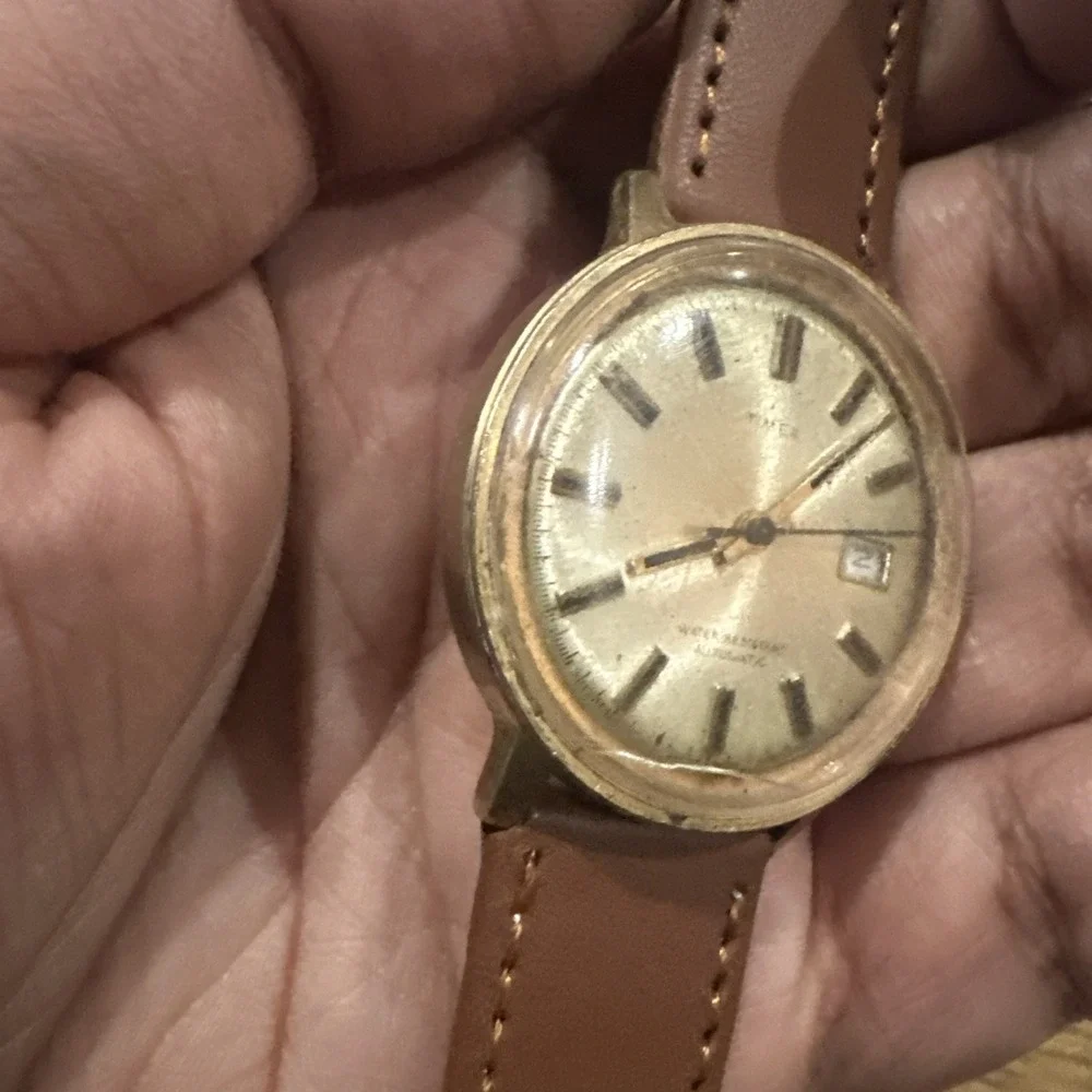 Works Vintage Timex Viscount Automatic Mens Watch Gold Tone 35mm New Strap 7.5in